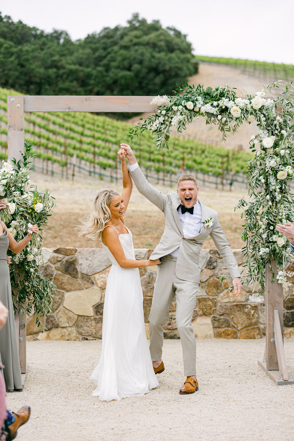 bride, groom, ceremony, arch, florals