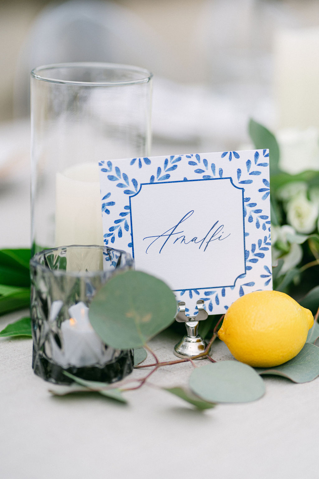 table, candle, paper good, place card, lemon