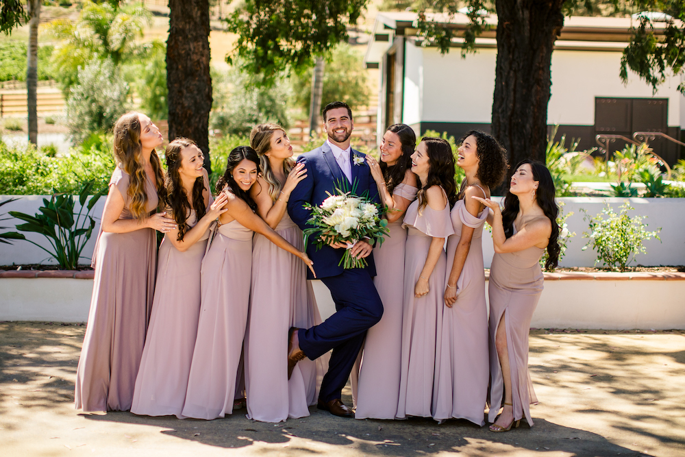 groom, bridesmaids, suit, dresses, bouquet
