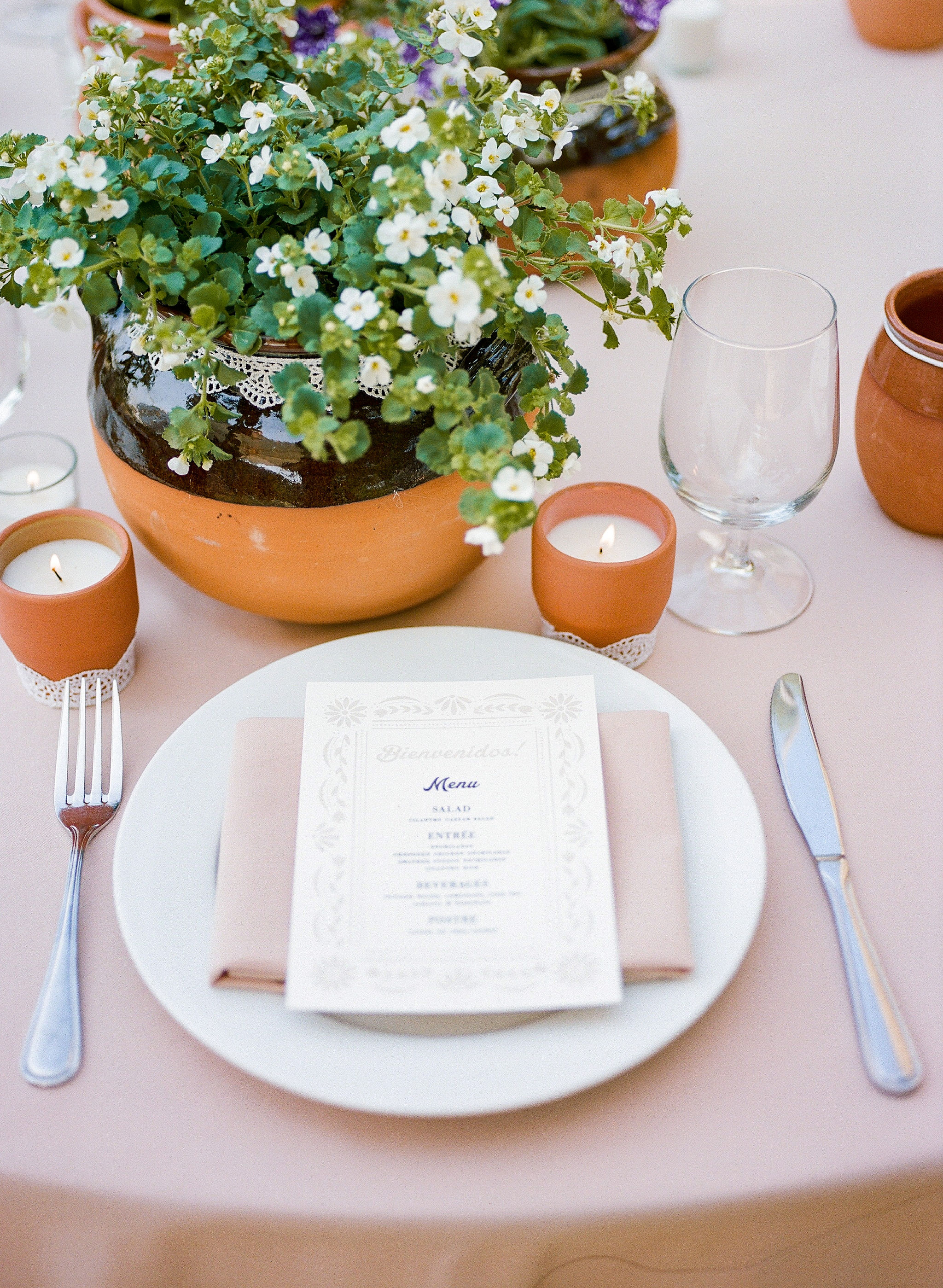 place setting, plate, menu, florals, terra cotta