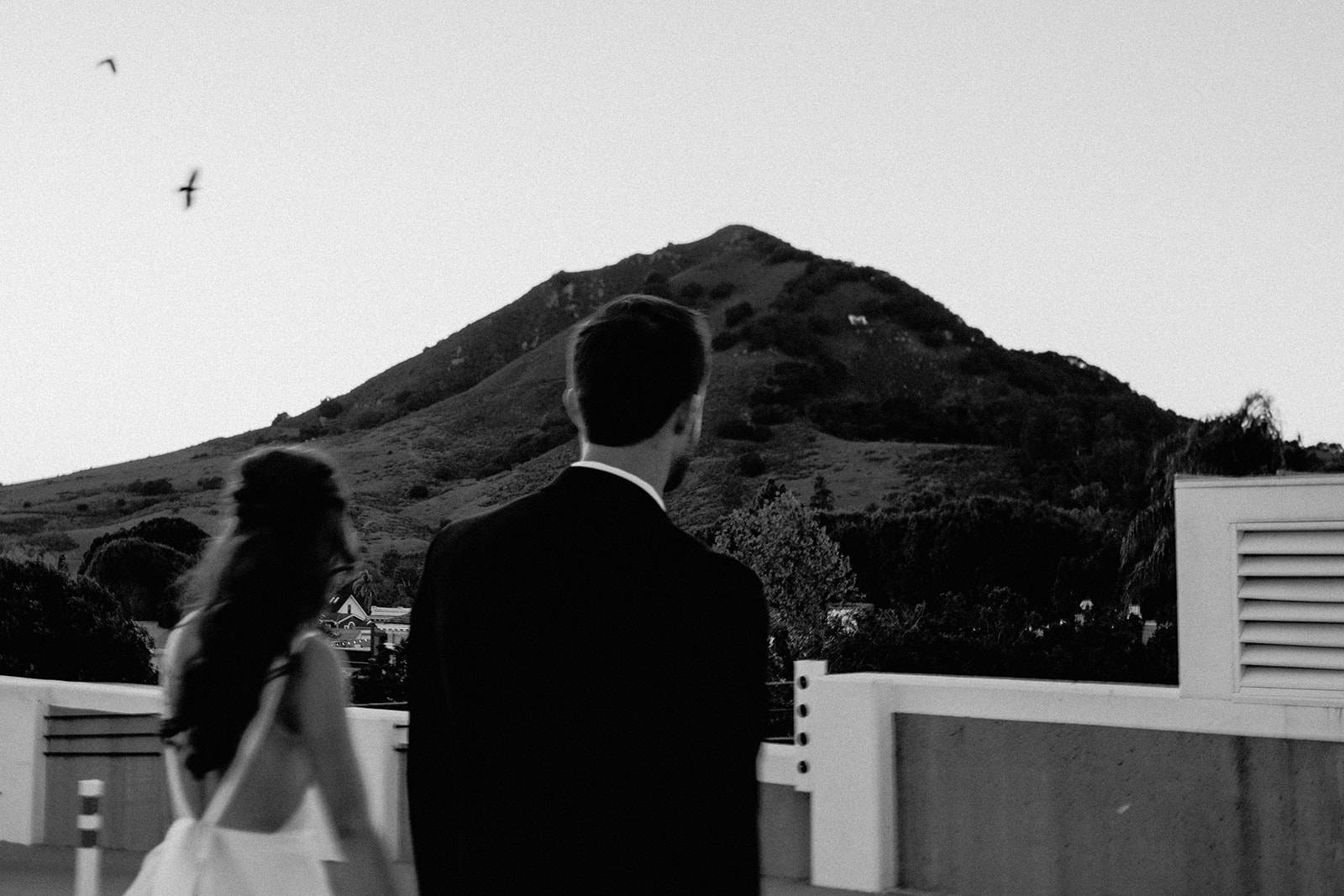 couple, bride, groom, suit, black and white, B&W, mountain