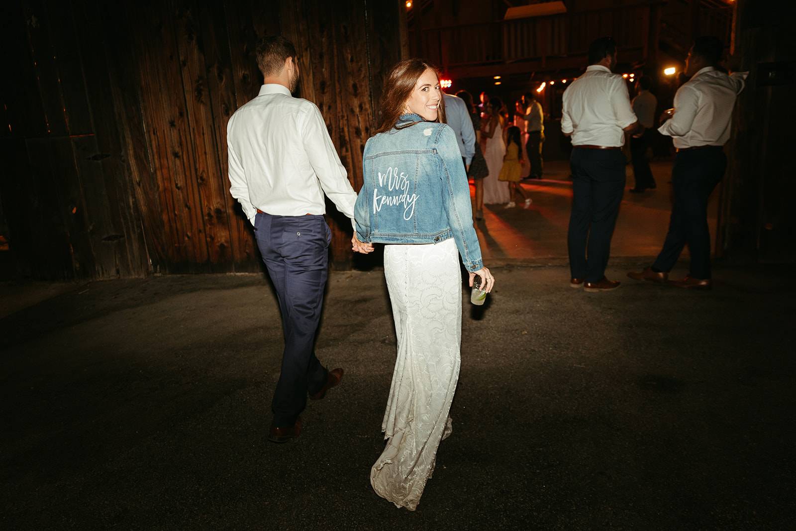 bride, fun, night, dance, jean jacket