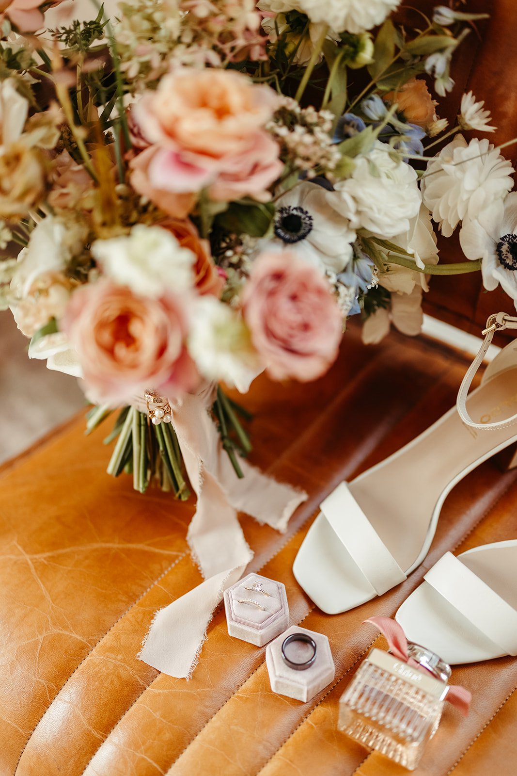 bouquet, flowers, shoes, rings, ring box