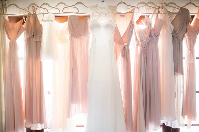 dresses hanging in window