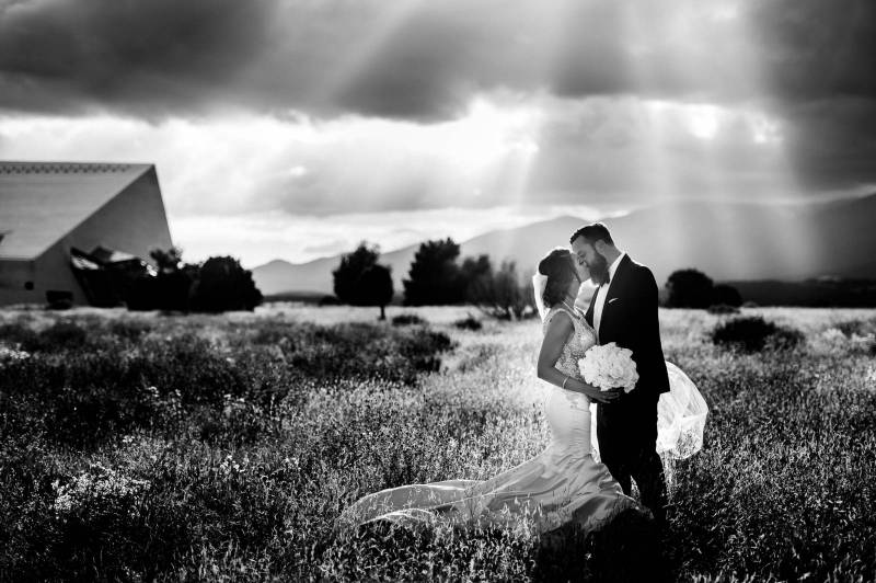 Bride and groom kissing in field