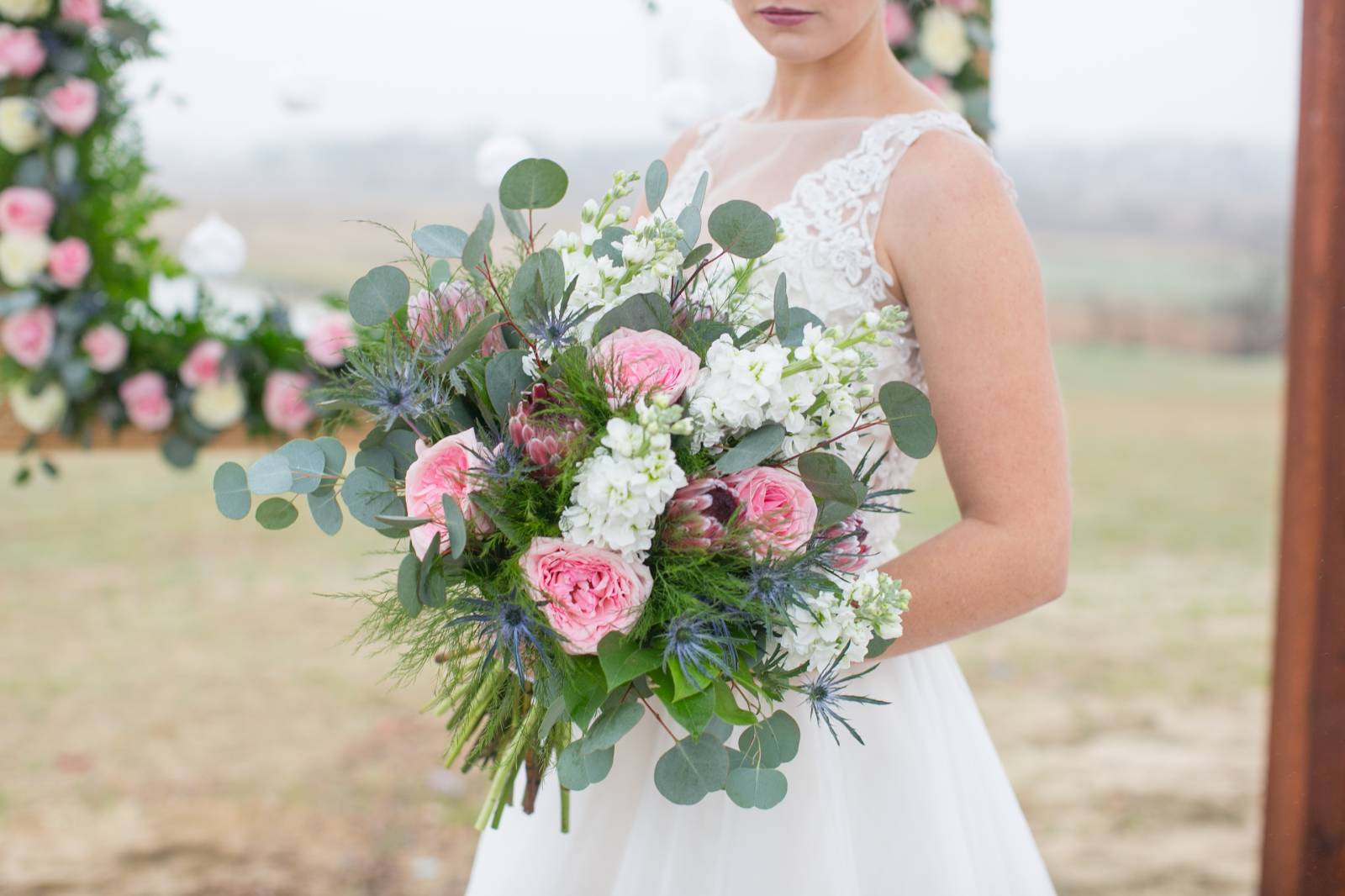 Lush green and pink wedding bouquet
