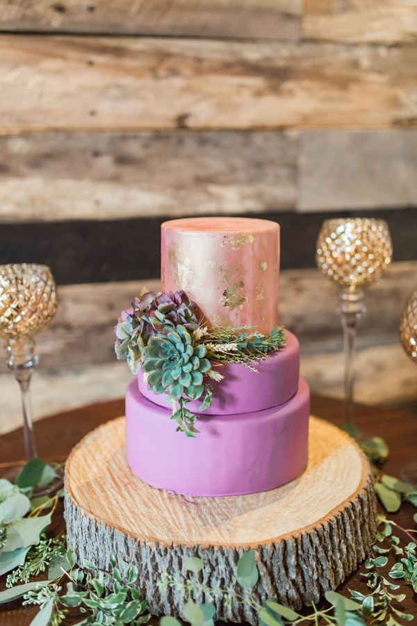 Purple and gold foil wedding cake
