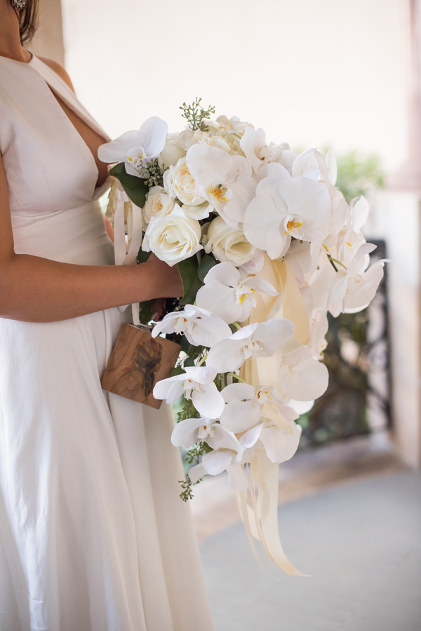 White orchid cascading wedding bouquet