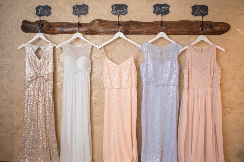 Color coordinated bridesmaid dresses