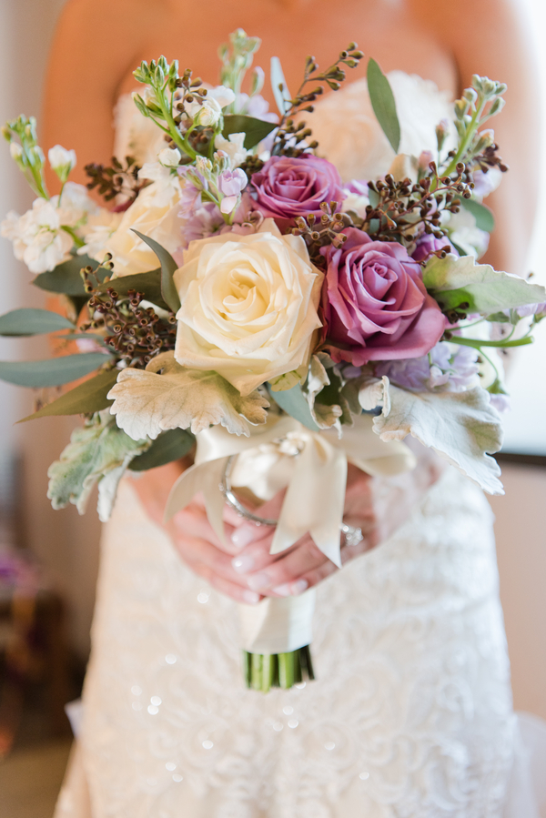 Cream and purple wedding bouquet