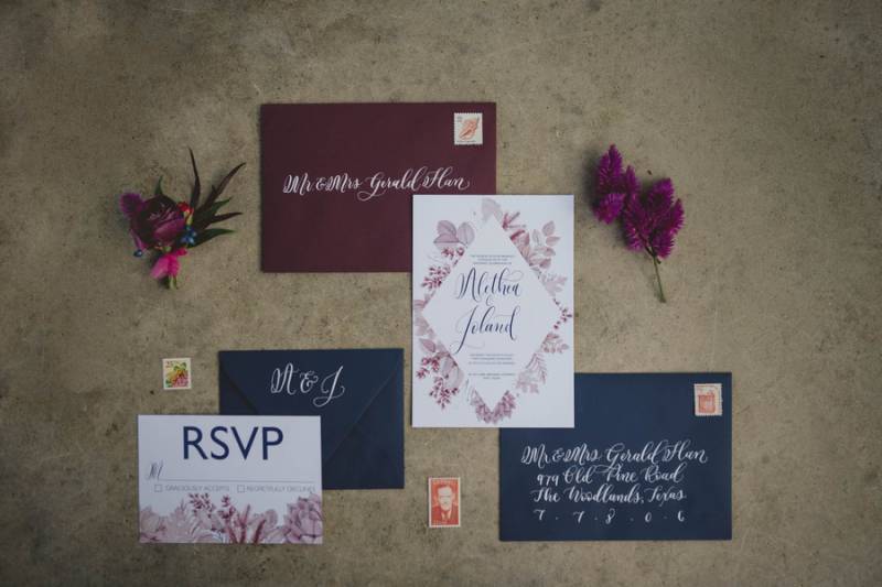 Burgundy and blue wedding invitation suite