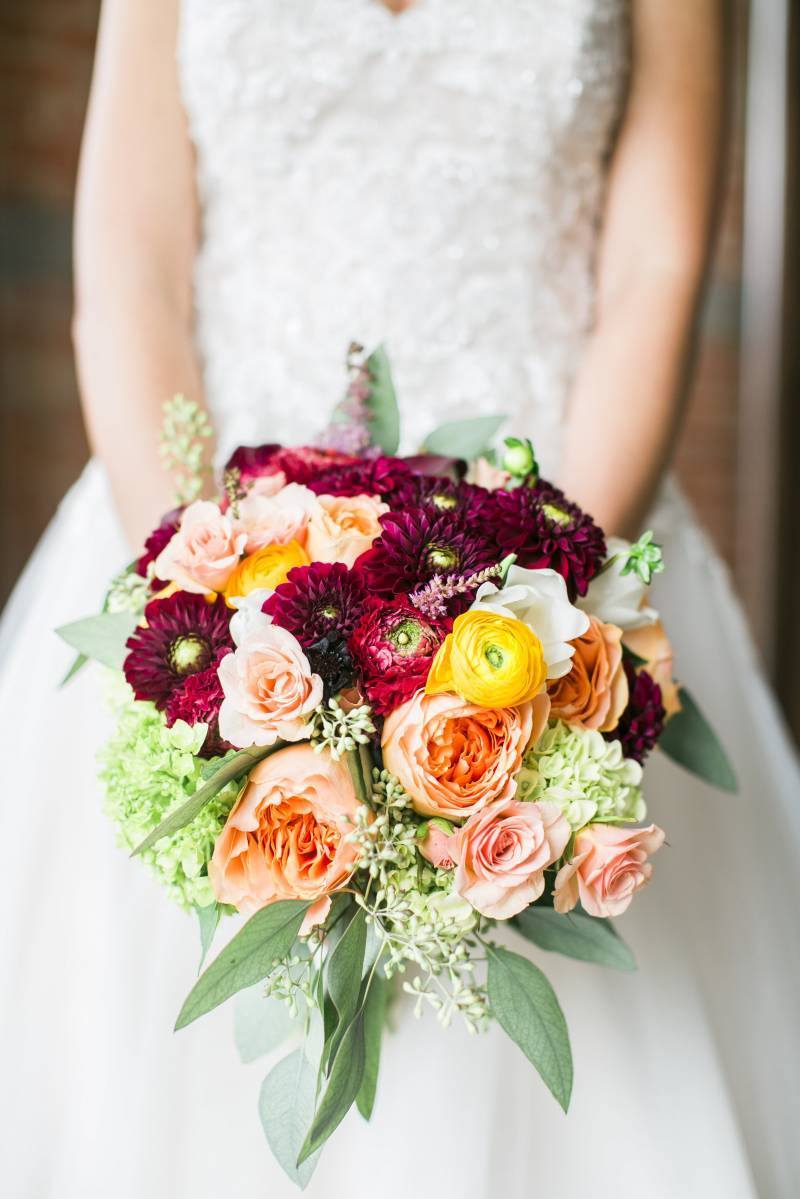 Peach and burgundy bridal bouquet