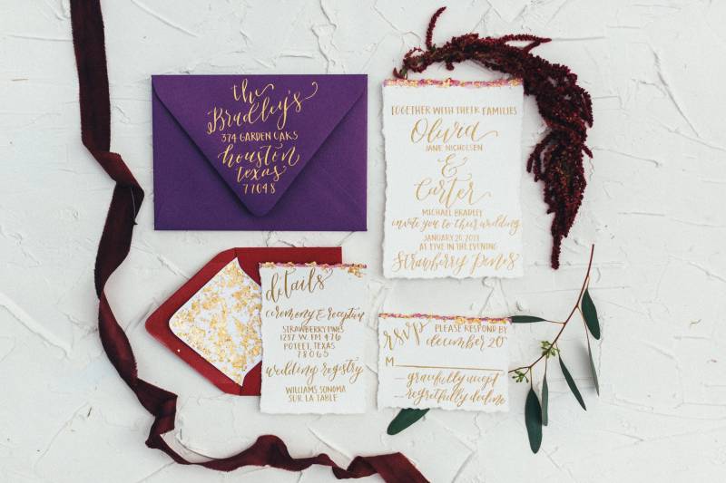 Purple, burgundy, and gold wedding invitation