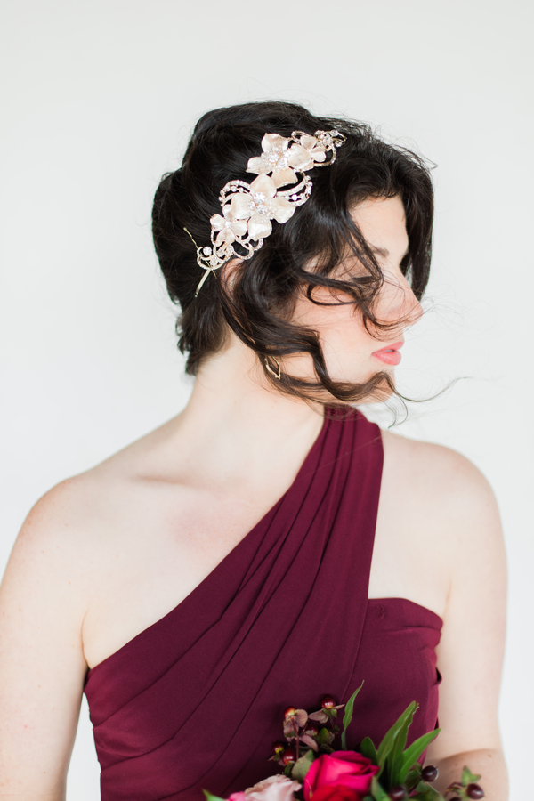 One shoulder burgundy bridesmaid dress with headpiece
