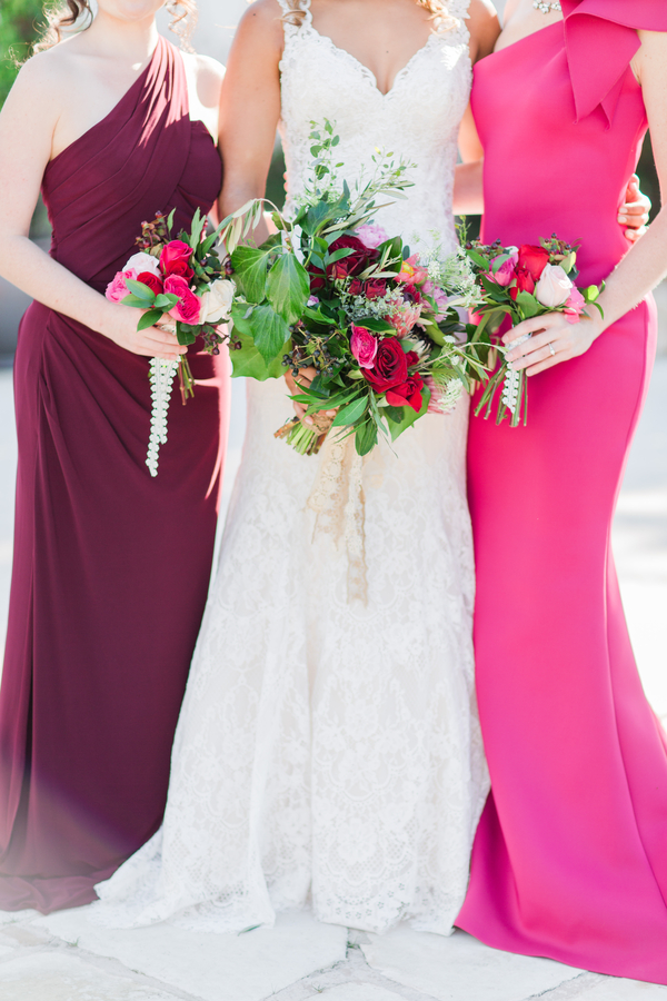 Burgundy and hot pink bridesmaid dresses