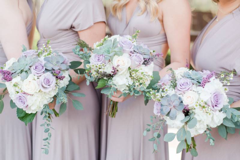 Lavender convertible bridesmaid dresses and bouquets