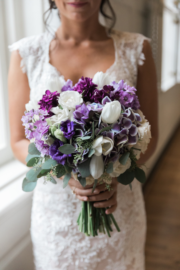 Purple, white and green wedding bouquet