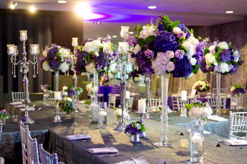 Purple and cream tall centerpieces