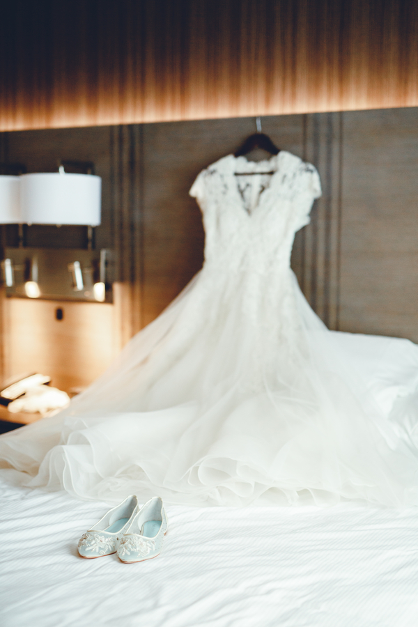 Bridal dress and flat wedding shoes