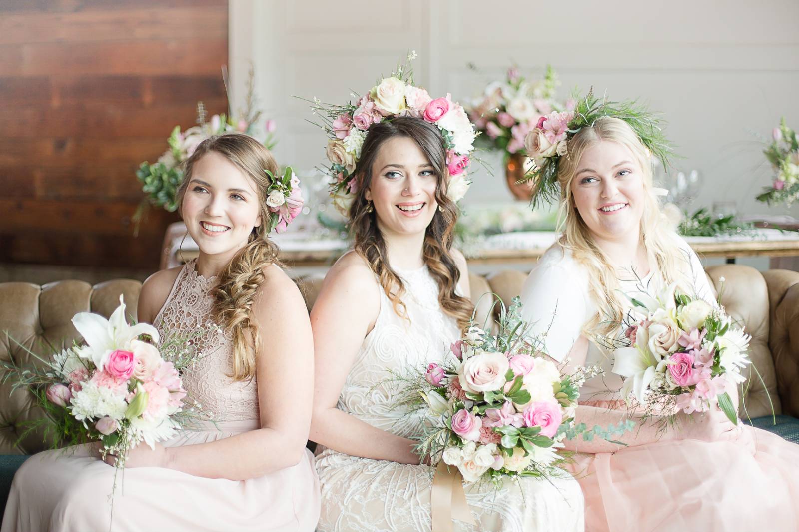 Neutral colored bridesmaids with flower crowns