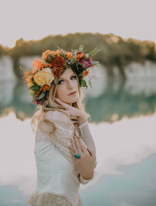 Boho bride with wildflower floral crown