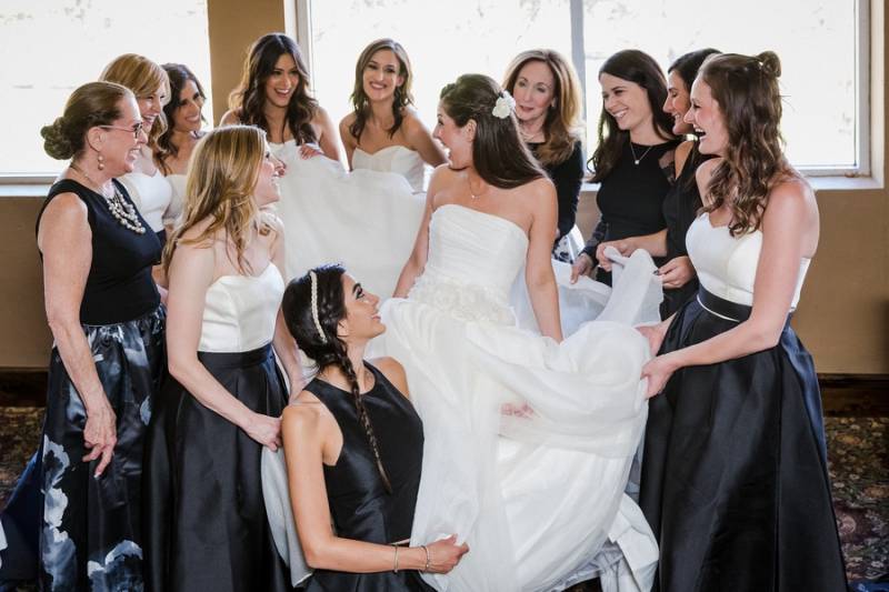Bride and her bridesmaids in black and white