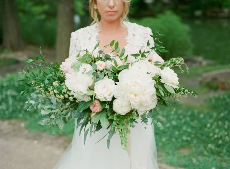 Voluminous white and green wedding bouquet