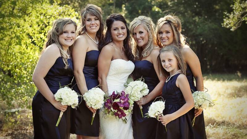 college station wedding - black strapless bridesmaid dresses