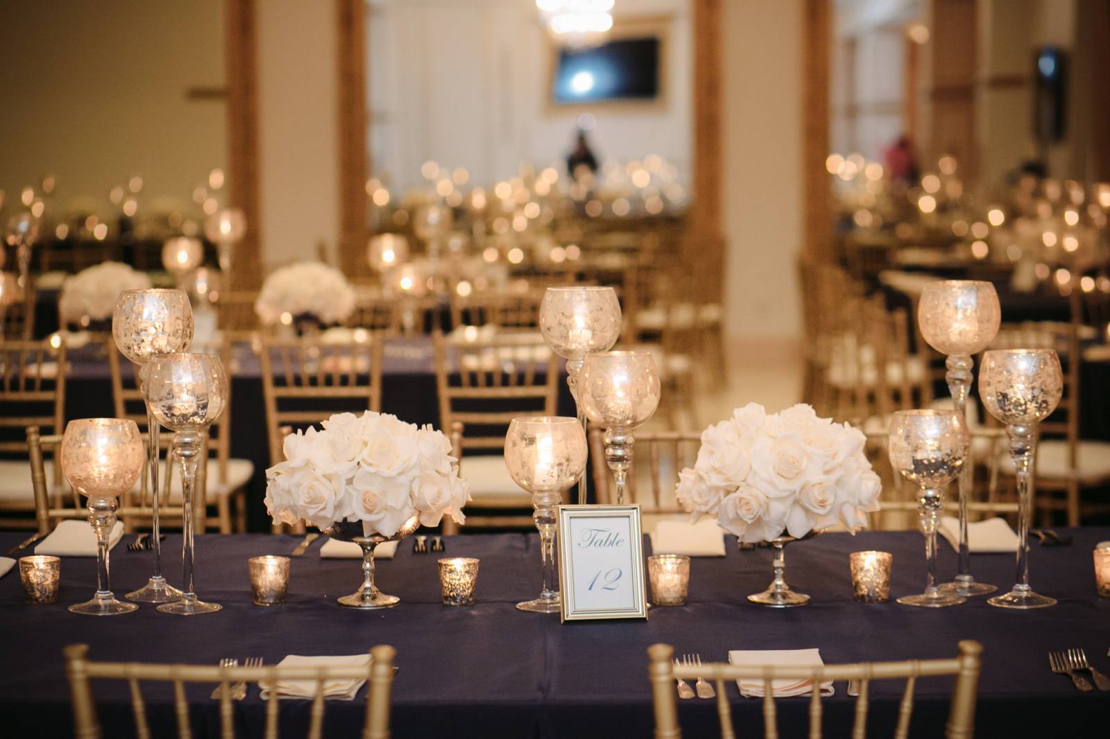 blue tablecloths, gold accents