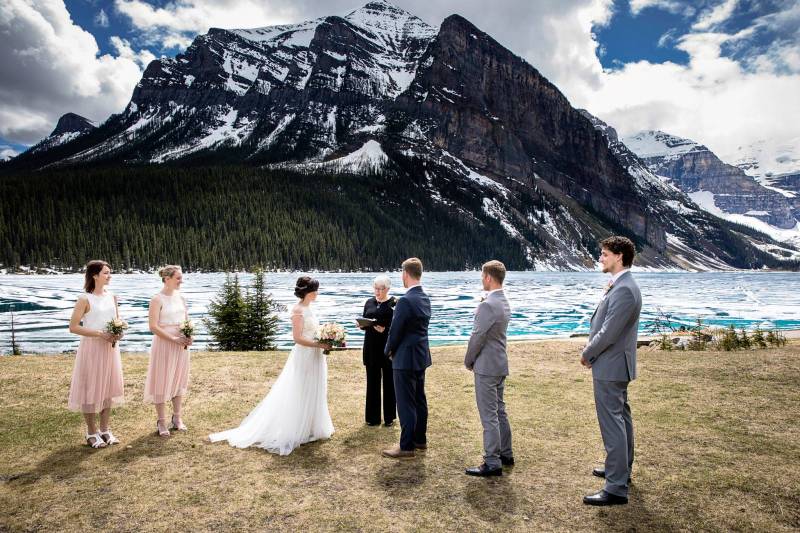 Lake Louise wedding elopement, bride and groom outdoor portraits, mountain wedding, Lake louise Eddi