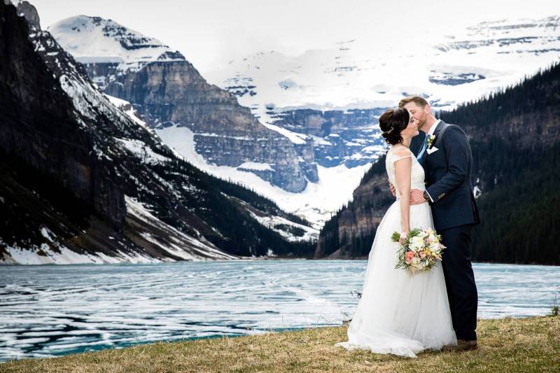 Lake Louise wedding elopement, bride and groom outdoor portraits, mountain wedding, Lake louise Eddi