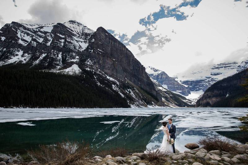 Lake Louise wedding elopement, bride and groom outdoor portraits, mountain wedding, Lake louise Eddi