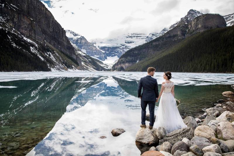 Lake Louise wedding elopement, bride and groom outdoor portraits, mountain wedding, Lake louise Eddi