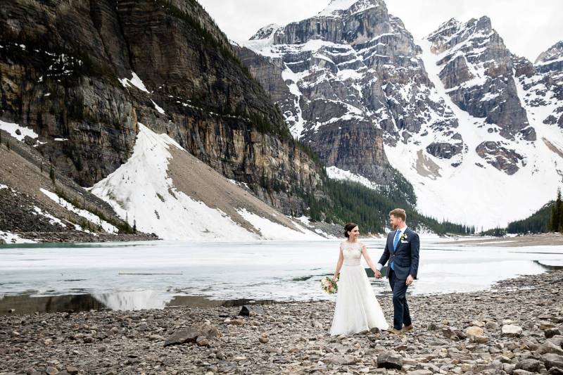 Moraine Lake wedding elopement, bride and groom outdoor portraits, mountain wedding, Moraine Lake we