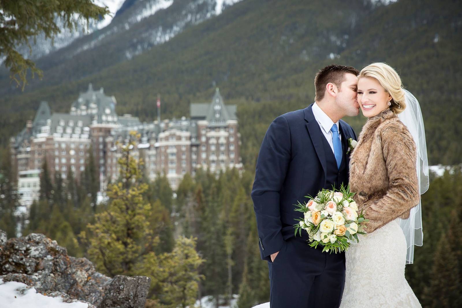 Mountain Winter Wedding, Fairmont Banff Springs Hotel, Banff Wedding Photographer, surprise corner