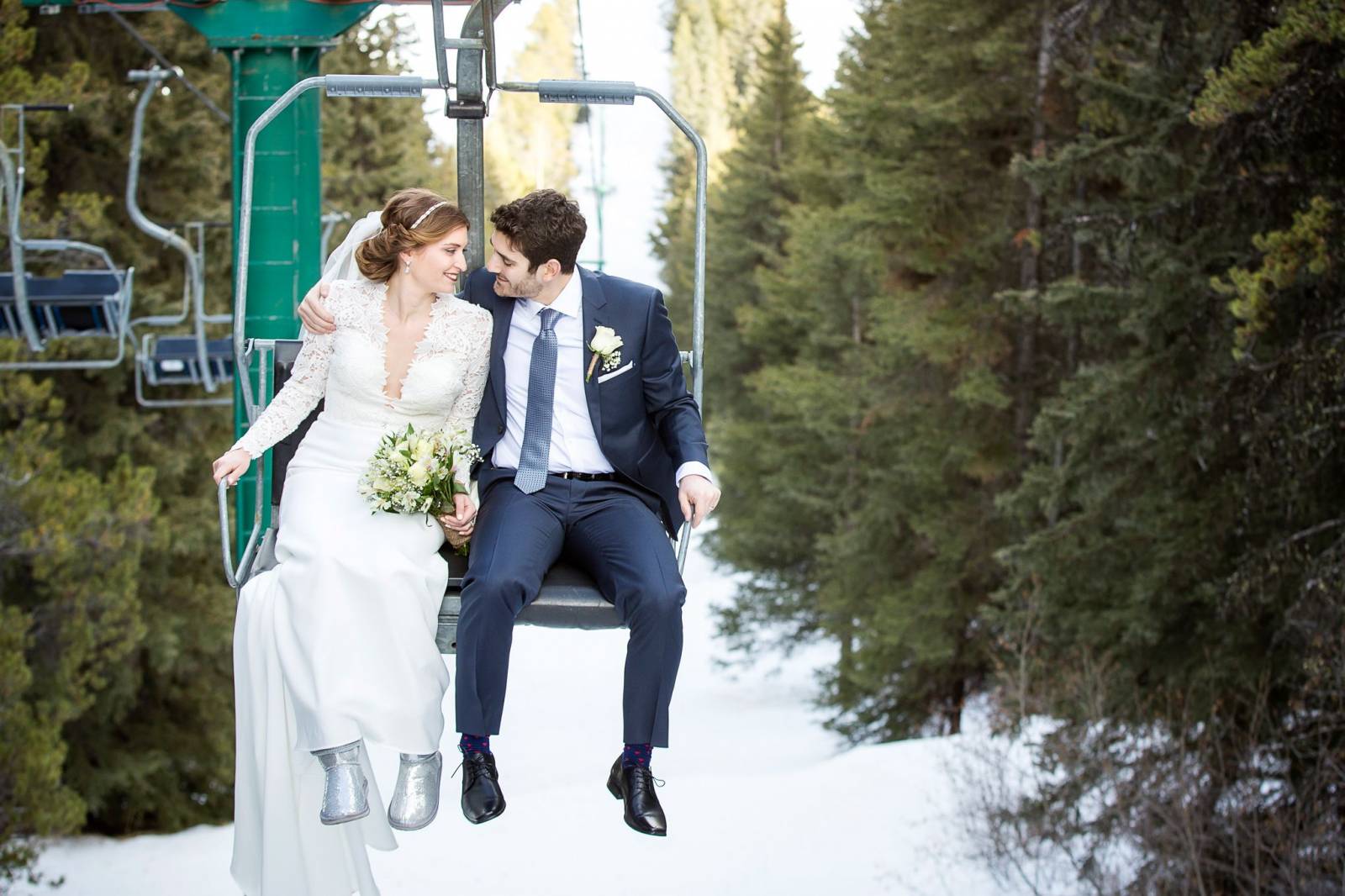 Bride and groom in a chairlift