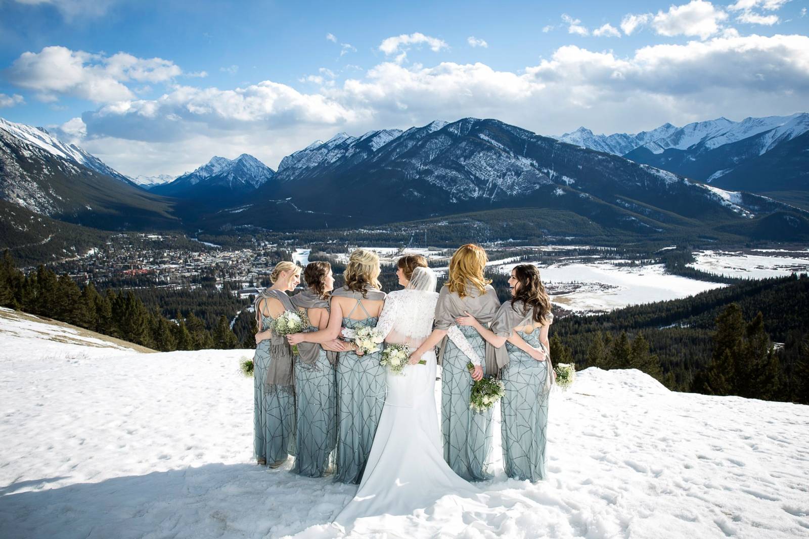 Banff winter wedding at Norquay, bridal party winter photos