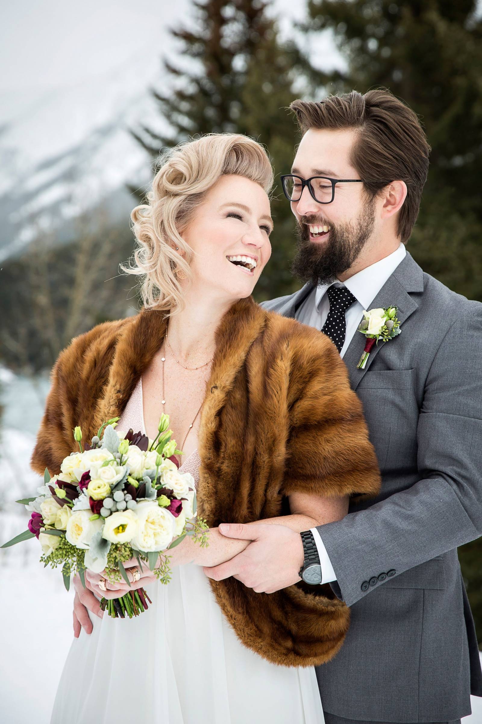 Bride and groom portrait, winter wedding, banff wedding photographer