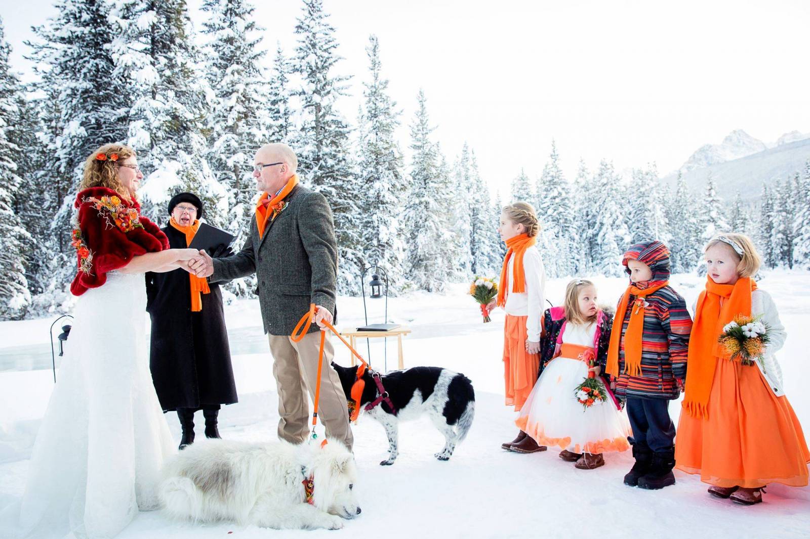 Outdoor Winter Wedding Ceremony, Banff Wedding Photographer, Baker Creek Lodge