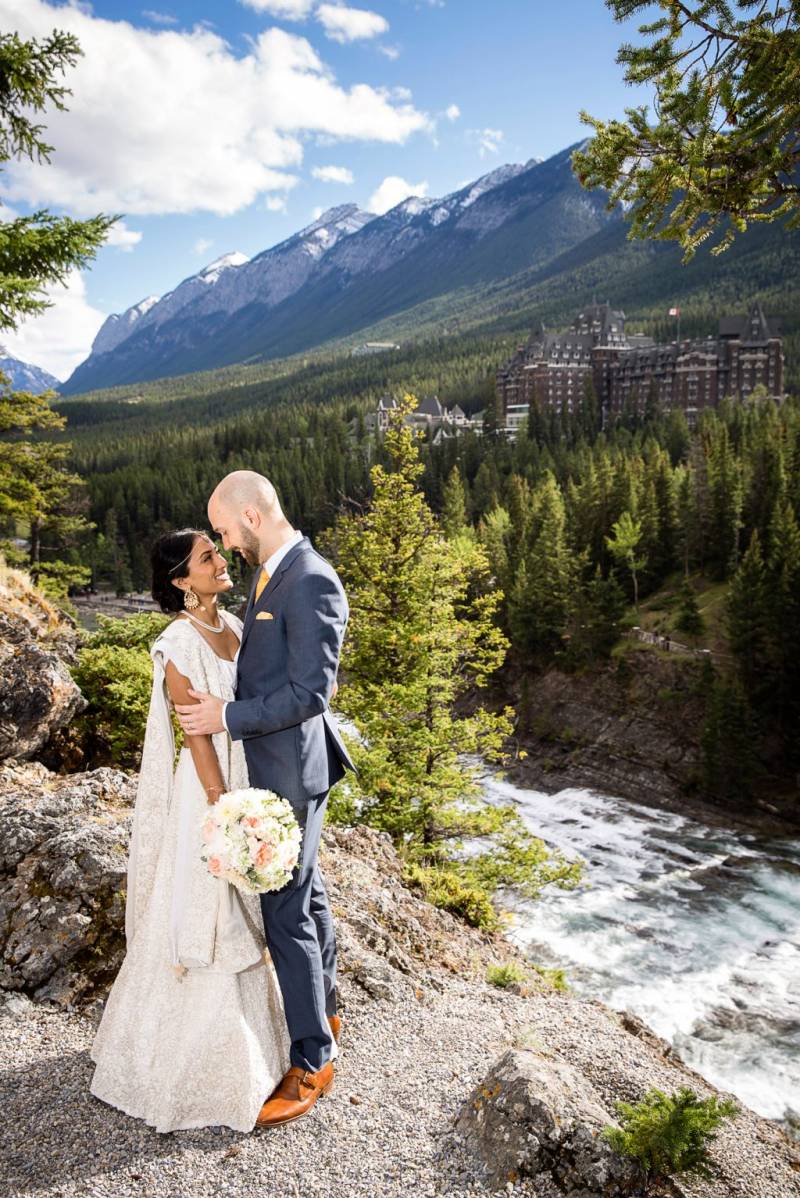 Bride and groom at surprise corner in Banff, Fairmont Banff Springs hotel