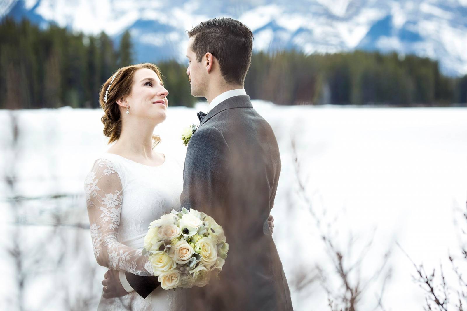 Two Jack Lake, outdoor winter portraits, Banff wedding photographer