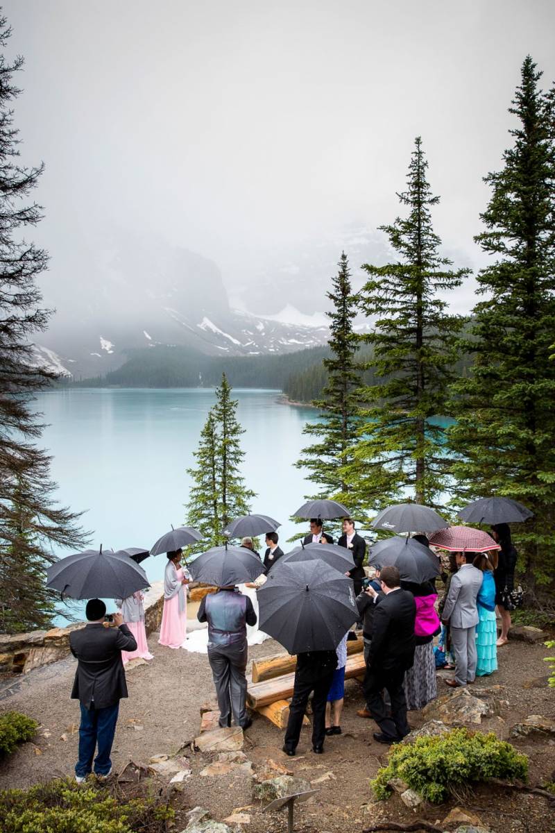 Moraine Lake Wedding ceremony, outdoor rainy ceremony,