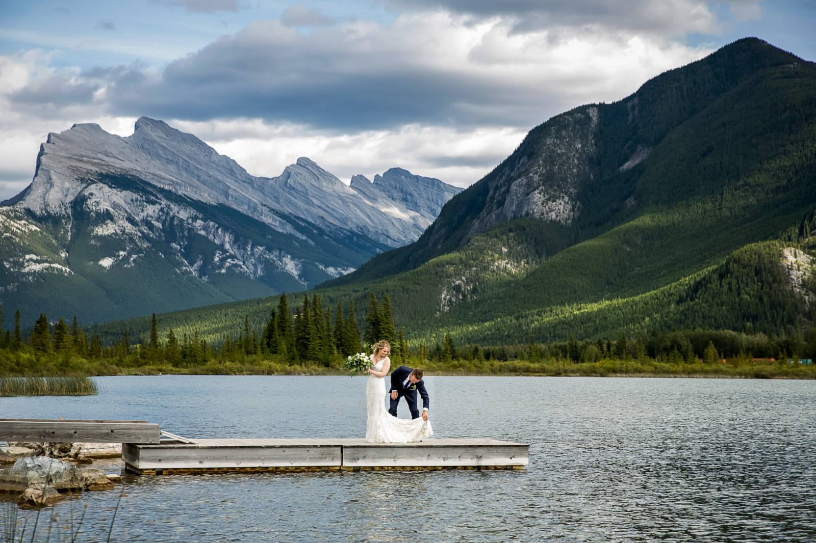Banff Wedding Photographer, Tunnel Mountain Reservoir, Bride and Groom Portrait, Vermillion Lake