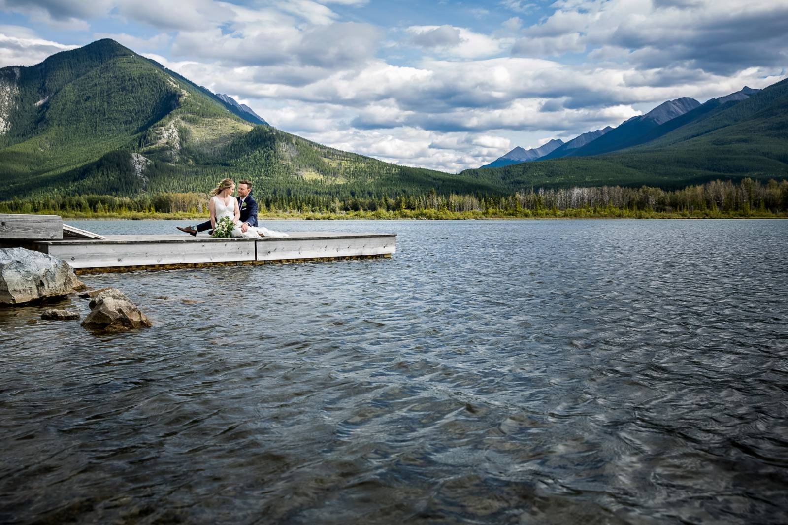 Banff Wedding Photographer, Tunnel Mountain Reservoir, Bride and Groom Portrait, Vermillion Lake