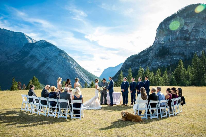 Banff Wedding Photographer, Fall Mountain Wedding, Calla Blanche Wedding Dress, outdoor ceremony at 
