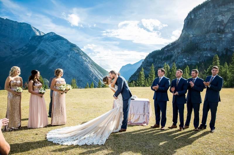 Banff Wedding Photographer, Fall Mountain Wedding, Calla Blanche Wedding Dress, outdoor ceremony at 