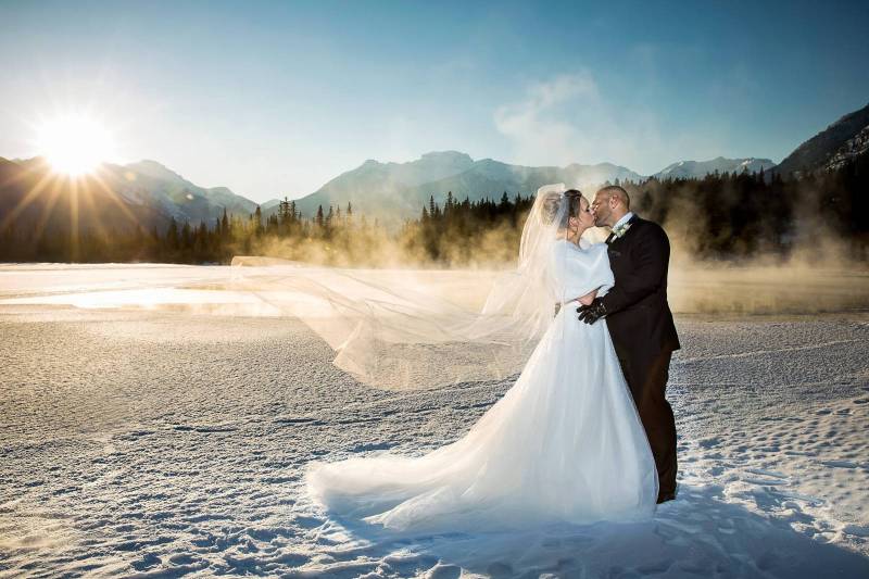Banff winter wedding, Vermillion Lake wedding portrait, bride and groom, mountain wedding