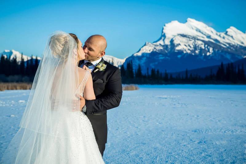 Banff winter wedding, Vermillion Lake wedding portrait, bride and groom, mountain wedding, Banff wed