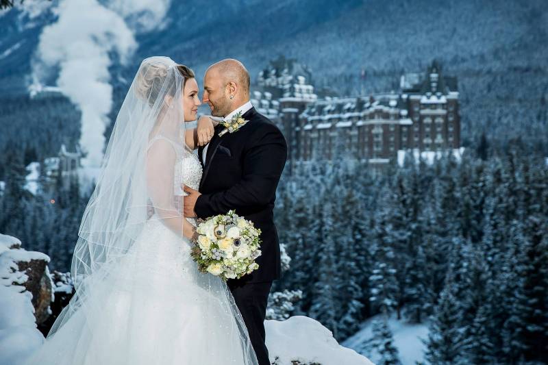 Banff winter wedding, Vermillion Lake wedding portrait, bride and groom, mountain wedding, Banff wed