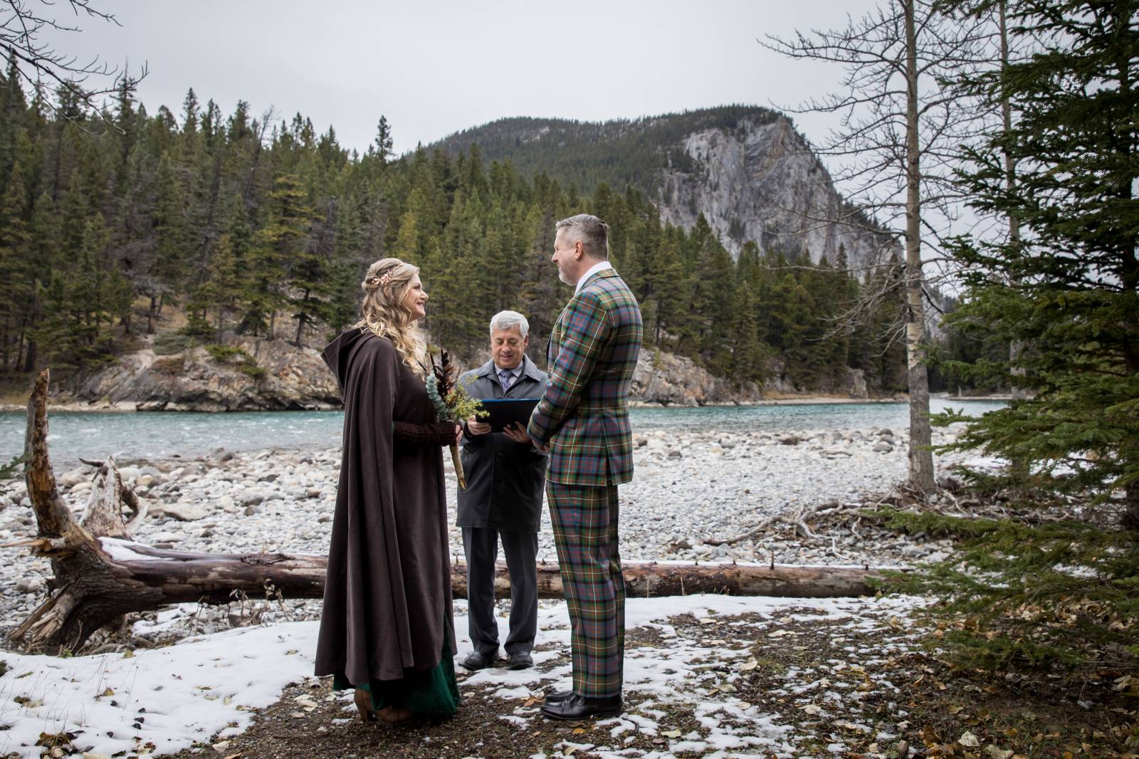 Bow Falls Wedding, Bow Falls Elopement, Banff Bride and Groom, Banff outdoor photos, Bow River, Banf